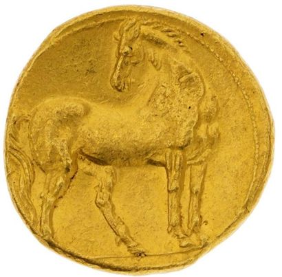 null ZEUGITANE
Carthage
Trihémistatère d'or (vers 260 av. J.-C.). 12,52 g. Tête de...