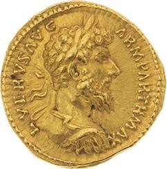 null LUCIUS VÉRUS (161-169) 
Auréus (166-167). Rome. 7,28 g. Son buste lauré, drapé...