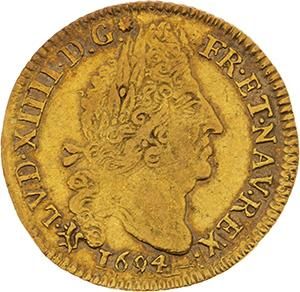 null LOUIS XIV (1643-1715)
Louis d'or aux quatre L. 1694. Rennes. Réf. D. 1440A....