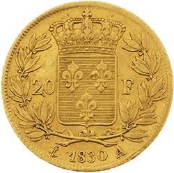 null CHARLES X (1824-1830)
20 francs or. 1830. Paris. G. 1029b. Rare. Tranche striée....