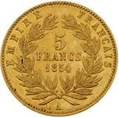 null SECOND EMPIRE (1852-1870) 
5 francs or, tête nue. 1854. Paris. Petit module....