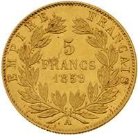 null SECOND EMPIRE (1852-1870) 
5 francs or, tête nue. 1859. Paris. G. 1000. Sup...