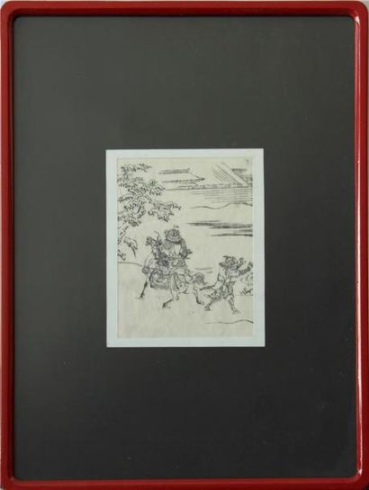 null Ensemble de PIÈCES ENCADRÉES :
Cavalier et soldat, estampe japonaise sur papier...