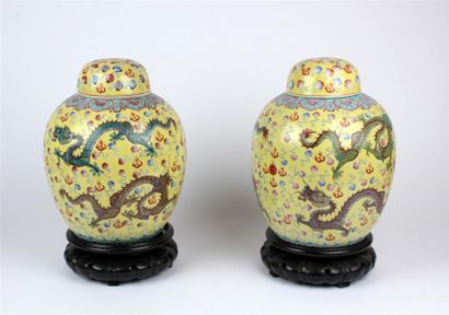 null Paire de POTICHES ovoïde couvertes en porcelaine à décor polychrome de dragons...