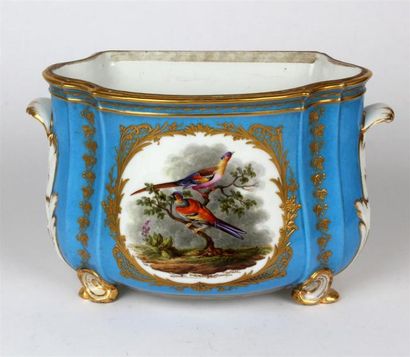 null CAISSE A FLEURS quadripode en porcelaine à décor polychrome de deux oiseaux...