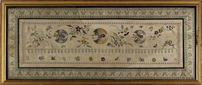 null Deux BRODERIES polychromes à décor d'oiseaux, fleurs et motifs géométriques
Chine,...