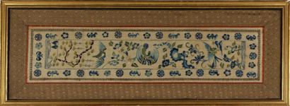 null Deux BRODERIES polychromes à décor d'oiseaux, fleurs et motifs géométriques
Chine,...