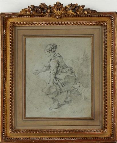 null JEAN-BAPTISTE HUET (1745-1811)
Jeune fermière et son chien
Pierre noire, signée...