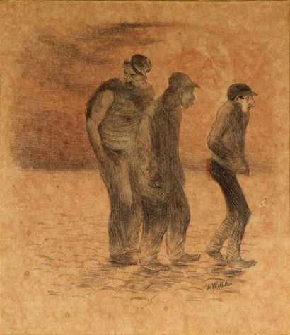 null ADOLPHE WILLETTE (1857-1926)
Trois hommes désoeuvrés sur le pavé
Fusain et sanguine...