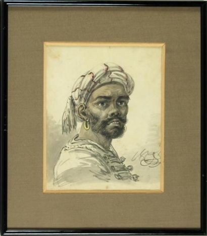 null ÉCOLE MODERNE (XXe SIÈCLE)
Portrait d'homme au turban
Encre et aquarelle, signée...