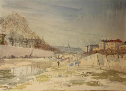 null AUGUSTE ALLONGÉ (1833-1898)
Promeneurs le long d'un fleuve asséché
Aquarelle...