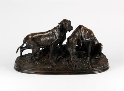 null D'APRÈS PIERRE-JULES MÈNE (1810-1879)
Deux chiens de chasse sur une terrasse...