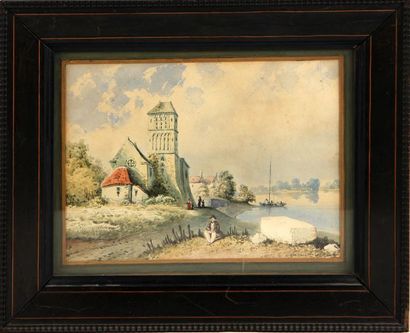 null ERNEST GIRARD (1813-1898)
Paysage fluvial à l'église
Aquarelle, signée en bas...