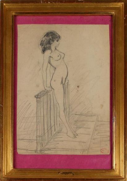 null ALFRED GRÉVIN (1827-1892)
Nu adossé à une balustrade
Crayon, cachet à l'encre...