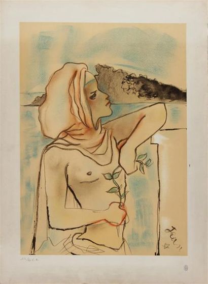 null JEAN COCTEAU (1889-1963)
Jeune fille à l'écharpe rouge
Lithographie en couleurs,...