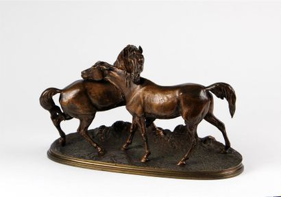 null D'APRÈS PIERRE-JULES MÈNE (1810-1879)
L'accolade
Épreuve en bronze à patine...
