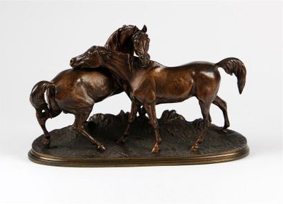 null D'APRÈS PIERRE-JULES MÈNE (1810-1879)
L'accolade
Épreuve en bronze à patine...