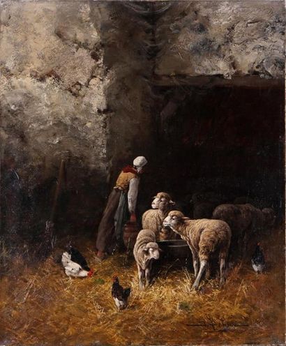 null JULES GEORGES BAHIEU (1860-1895)
Bergère, poules et moutons
Huile sur toile,...