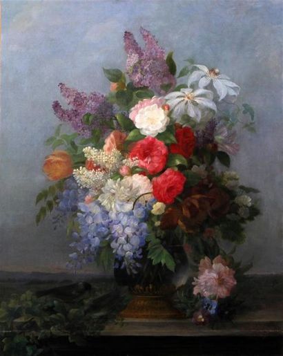null N.E. BOIVIN (XIXe SIÈCLE)
Vase fleuri et oiseau sur un entablement
Huile sur...