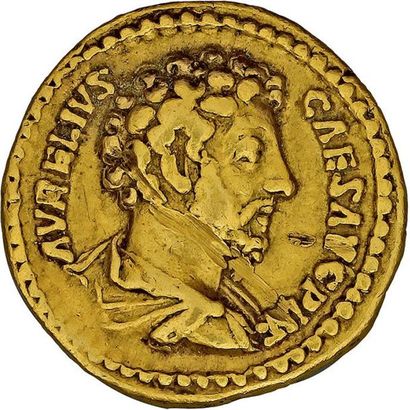 null EMPIRE
MARC AURÈLE (161-180)
Auréus. 7,19 g. Rome (159-160) Son buste nu à droite....