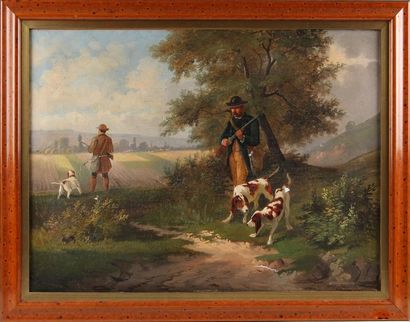 null ÉCOLE MODERNE
Chasseurs et chiens de chasse
Trois huiles sur toile dont une...