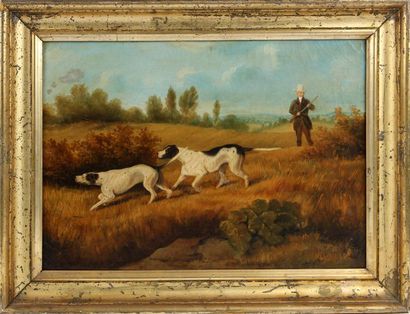 null ÉCOLE MODERNE
Chasseurs et chiens de chasse
Trois huiles sur toile dont une...