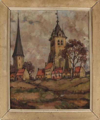 null W. ESSLINGER (XXe SIÈCLE)
L'église et la tour de Bergues
Huile sur toile, signée,...
