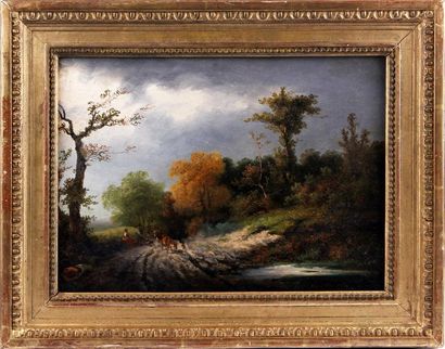 null JULES HIPPOLYTE DELAROCHE (1795-1849)
Chemin à l'orée du bois animé d'un couple...