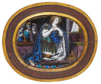 null PLAQUE ovale en cuivre émaillé polychrome représentant Saint Louis en prière....