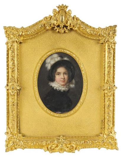 null ÉCOLE FRANÇAISE DU XIXe SIÈCLE
Portrait de jeune femme au chapeau à plumes blanches
Miniature...
