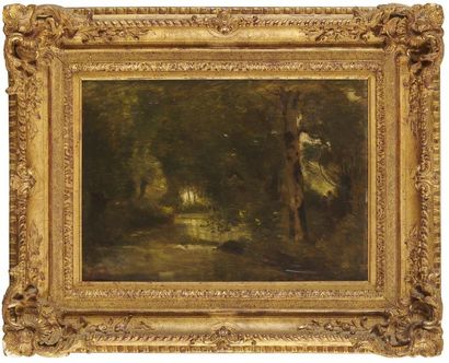 null JEAN-BAPTISTE CAMILLE COROT (1796-1875)
Rivière en sous-bois
Huile sur panneau,...