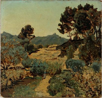 null PAUL CAMILLE GUIGOU (1834-1871)
Paysage provençal animé
Huile sur isorel, signée...