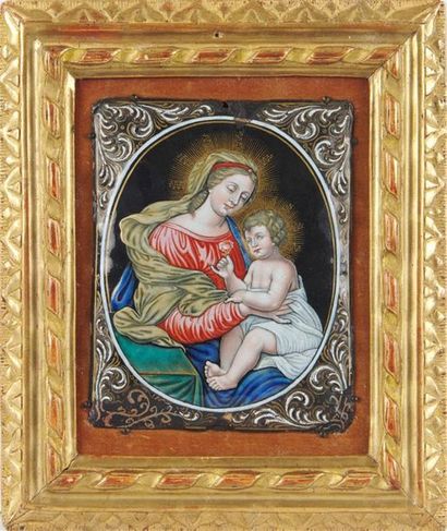 null PLAQUE rectangulaire en cuivre émaillé polychrome représentant la Vierge à l'Enfant...