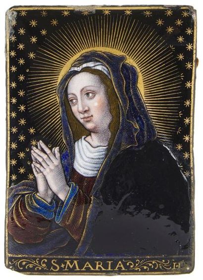 null PLAQUE rectangulaire en cuivre émaillé polychrome représentant La Vierge Marie...