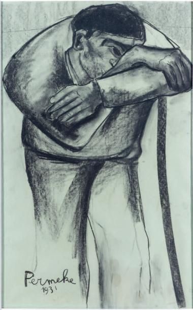 Constant PERMEKE (Anvers 1886-Jabbeke 1952) UN HOMME APPUYÉ SUR SA CANNE Dessin au...