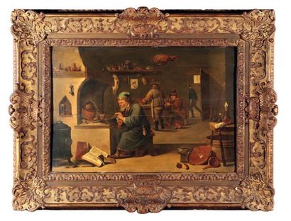 ÉCOLE FLAMANDE vers 1700, suiveur de David Teniers L'ALCHIMISTE ET SES ASSISTANTS...