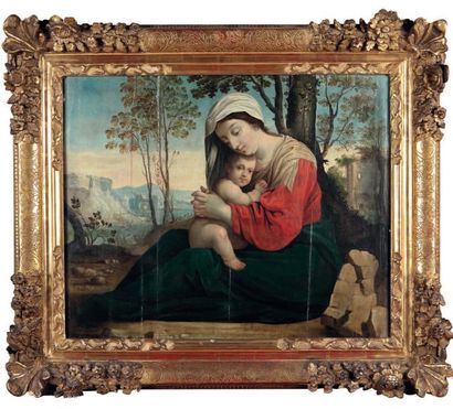 ÉCOLE FLAMANDE du début du XVIIe siècle VIERGE À L'ENFANT DANS UN PAYSAGE Huile sur...