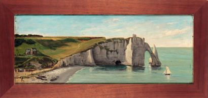 MALLET, XIXe siècle VUE D'ÉTRETAT Huile sur panneau de pin. HAUT.: 30 CM - LARG.:...