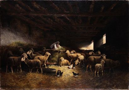 null JULES GEORGES BAHIEU (1860-1895)
Poules et moutons dans une bergerie
Huile sur...