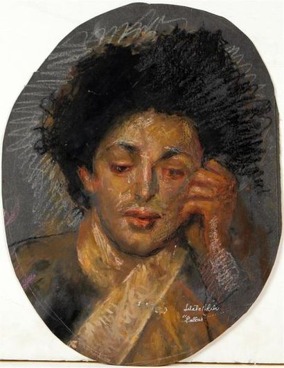 null ÉCOLE MODERNE
Portrait à la larme, "Callas"
Crayon, pastel et gouache ovale,...