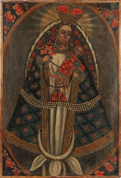 null ÉCOLE CUZCO DU XXe SIÈCLE
Vierge à l'Enfant 
Huile sur toile
Haut. 55 cm - Larg....