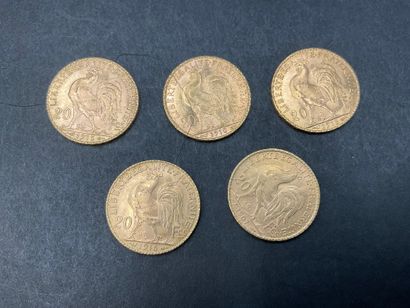null Lot of 5 Coins of 20 Francs gold type Marianne.
