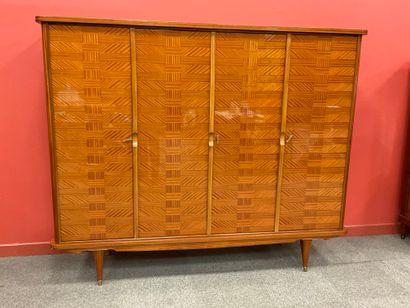 null Cupboard in natural lacquered wood with inlaid decoration of geometrical forms,...