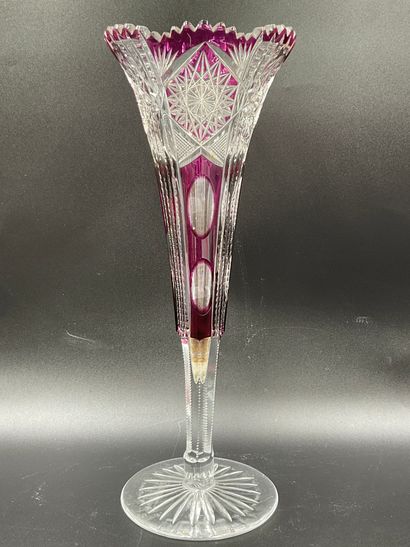 Double translucent crystal horn vase in purple...