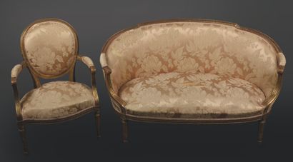 null Salon de style Louis XVI composé d'une banquette corbeille et de 4 siège cabriolet,...