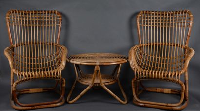null Tito AGNOLI (1931-2012), Salon en rotin et bambou composé de deux fauteuils...