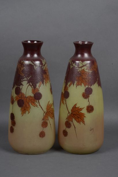 JEM, Pair of glass vases with hand-painted...
