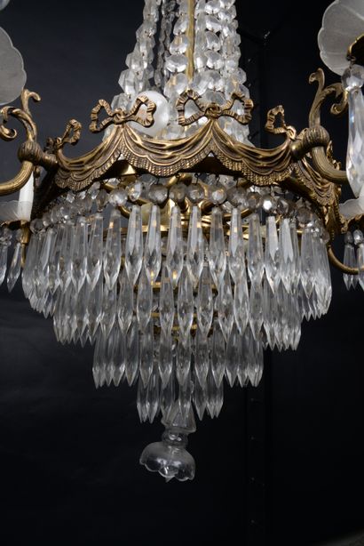 null Important bronze cage chandelier of style LXVI with 5 arms of light and rich...