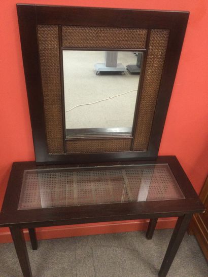 null Asian-style glass and cane console with mirror, size of console 77 x 94 x 40...