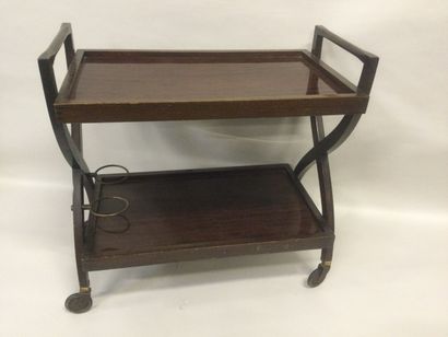 null Wooden and metal serving cart with 2 trays and two bottle holders, resting on...